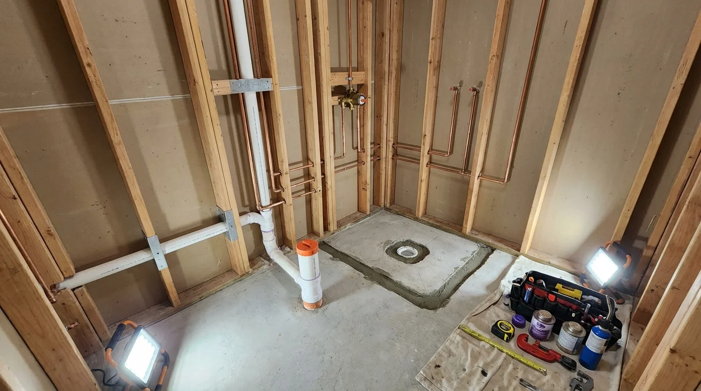 Bathroom rough-in plumbing during remodel by Johns Plumbing LLC in Pierceton