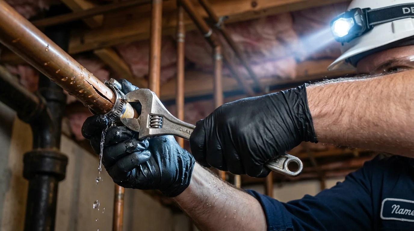 Emergency pipe clamp repair being performed by a Johns Plumbing LLC plumber in Pierceton