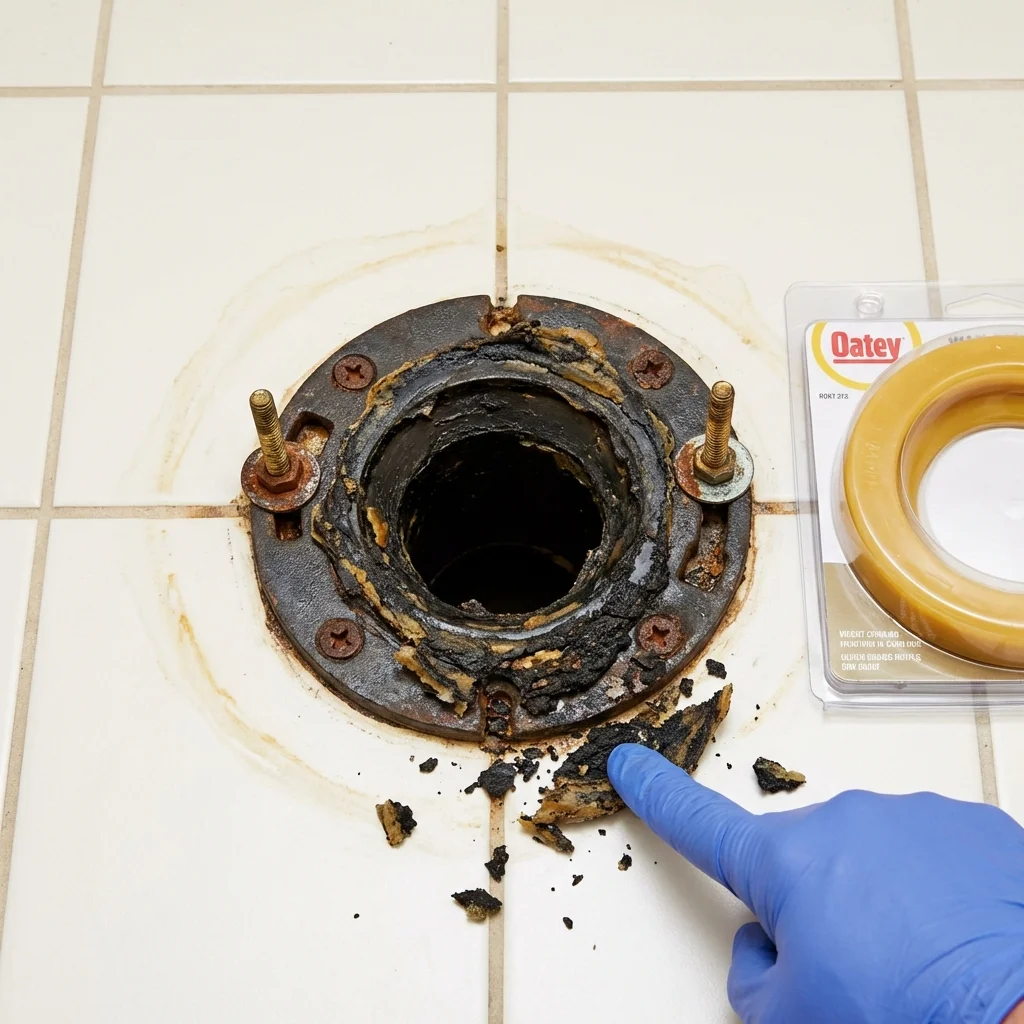 Failed wax ring showing water seepage at the base of a toilet in a Pierceton, IN home