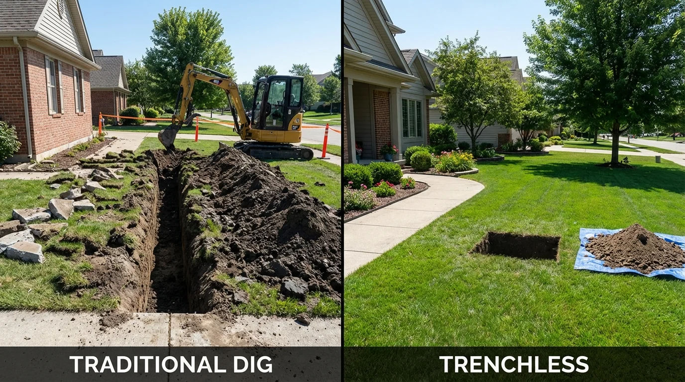 Trenchless sewer repair with minimal yard damage versus traditional excavation in Pierceton, IN