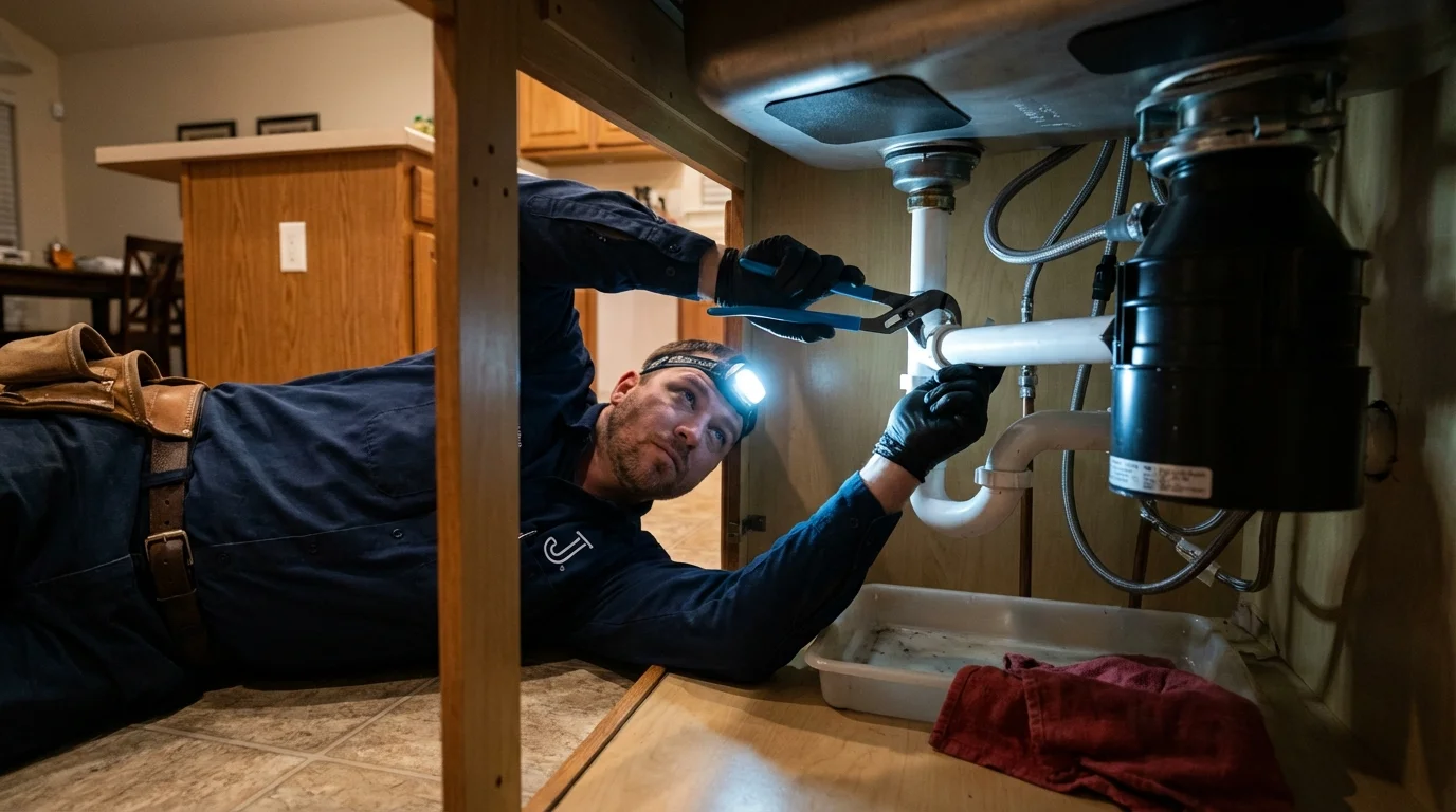 P-trap and supply line connections under a kitchen sink showing a common leak point in Pierceton, IN
